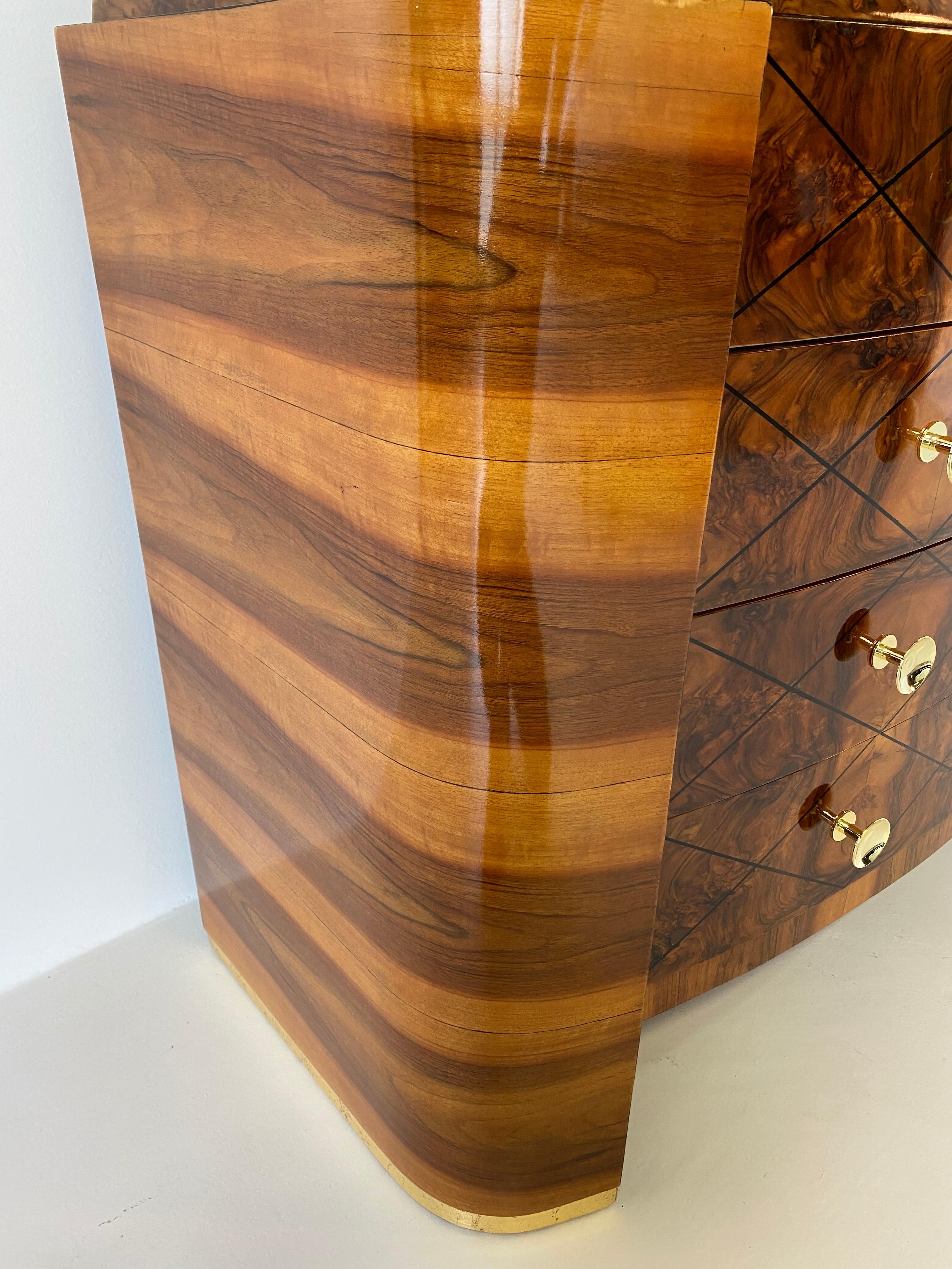 Italian Art Deco Walnut , Gold Leaf and Brass Chest of Drawers, 1930s 3