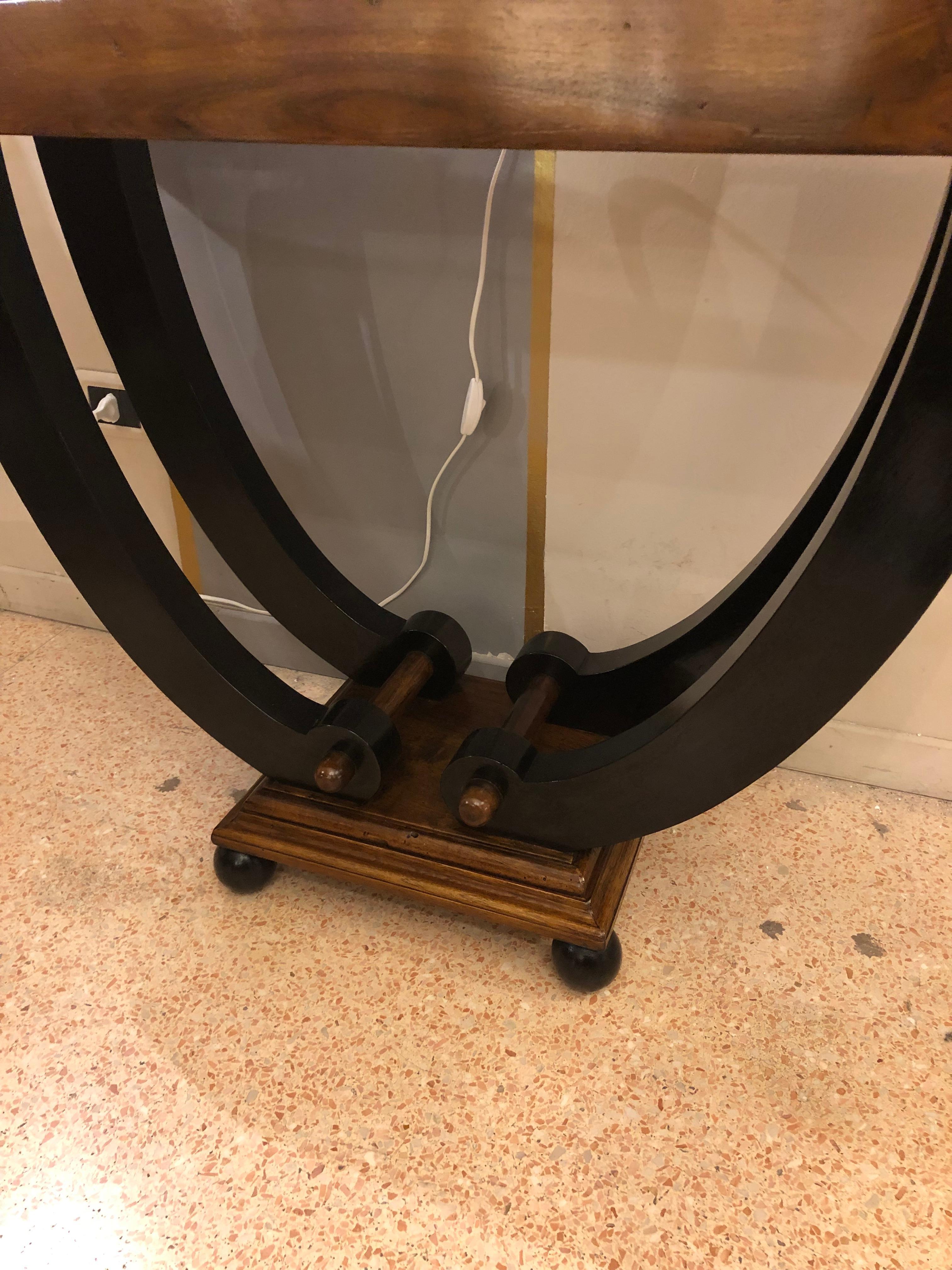 Italian Art Deco Walnut Wood Black Details Spherical Feet Table Console, 1930s (Italienisch)