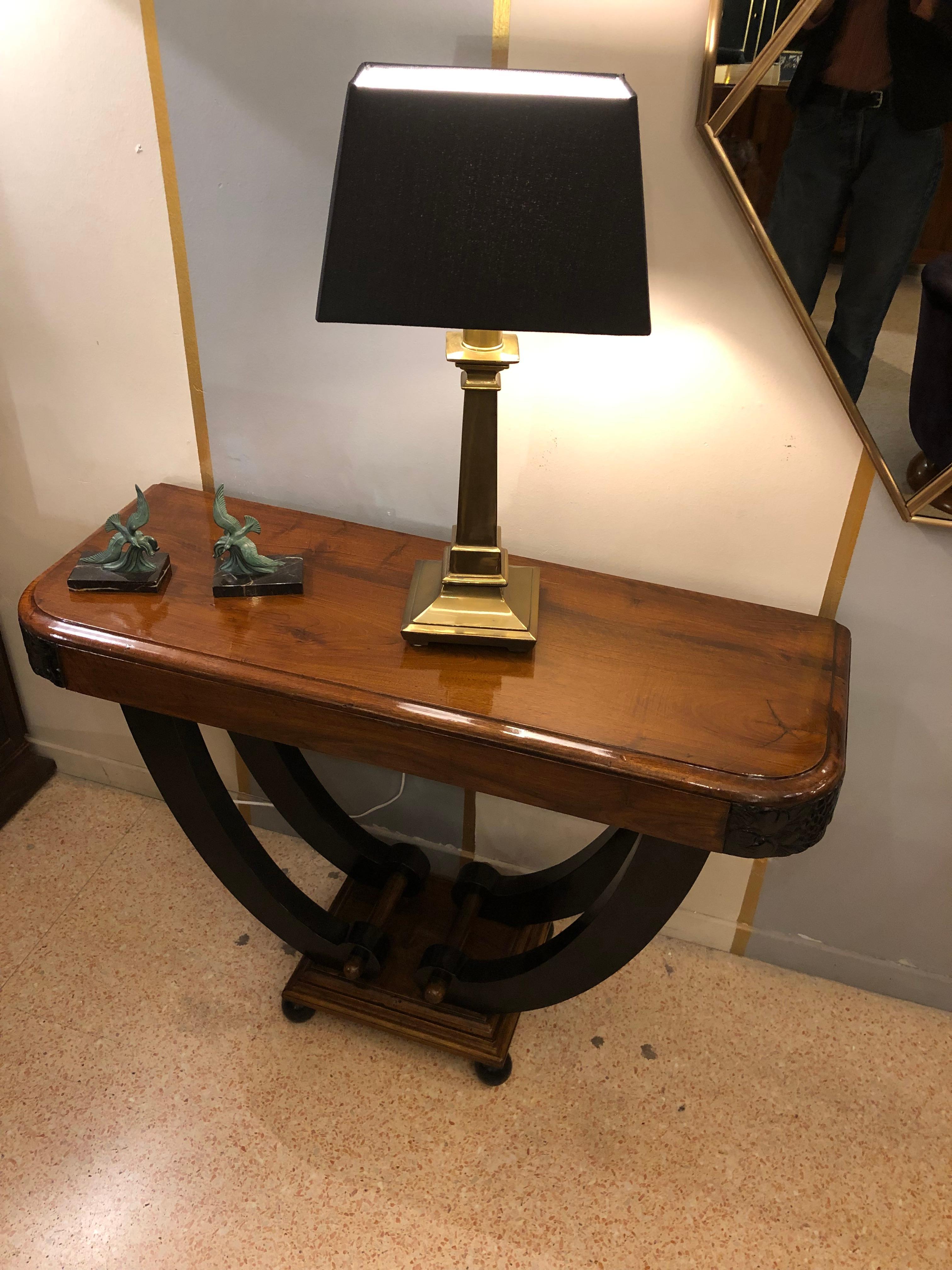 Italian Art Deco Walnut Wood Black Details Spherical Feet Table Console, 1930s 1