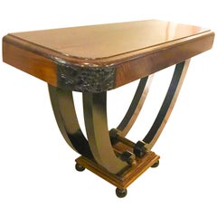 Italian Art Deco Walnut Wood Black Details Spherical Feet Table Console, 1930s
