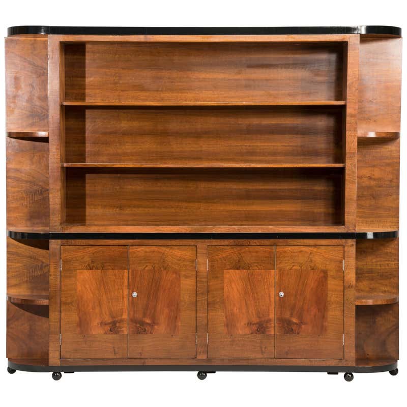 Italian Art Deco Walnut Wood Rounded Edges Bookcase at 1stDibs