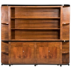 Italian Art Deco Walnut Wood Rounded Edges Bookcase