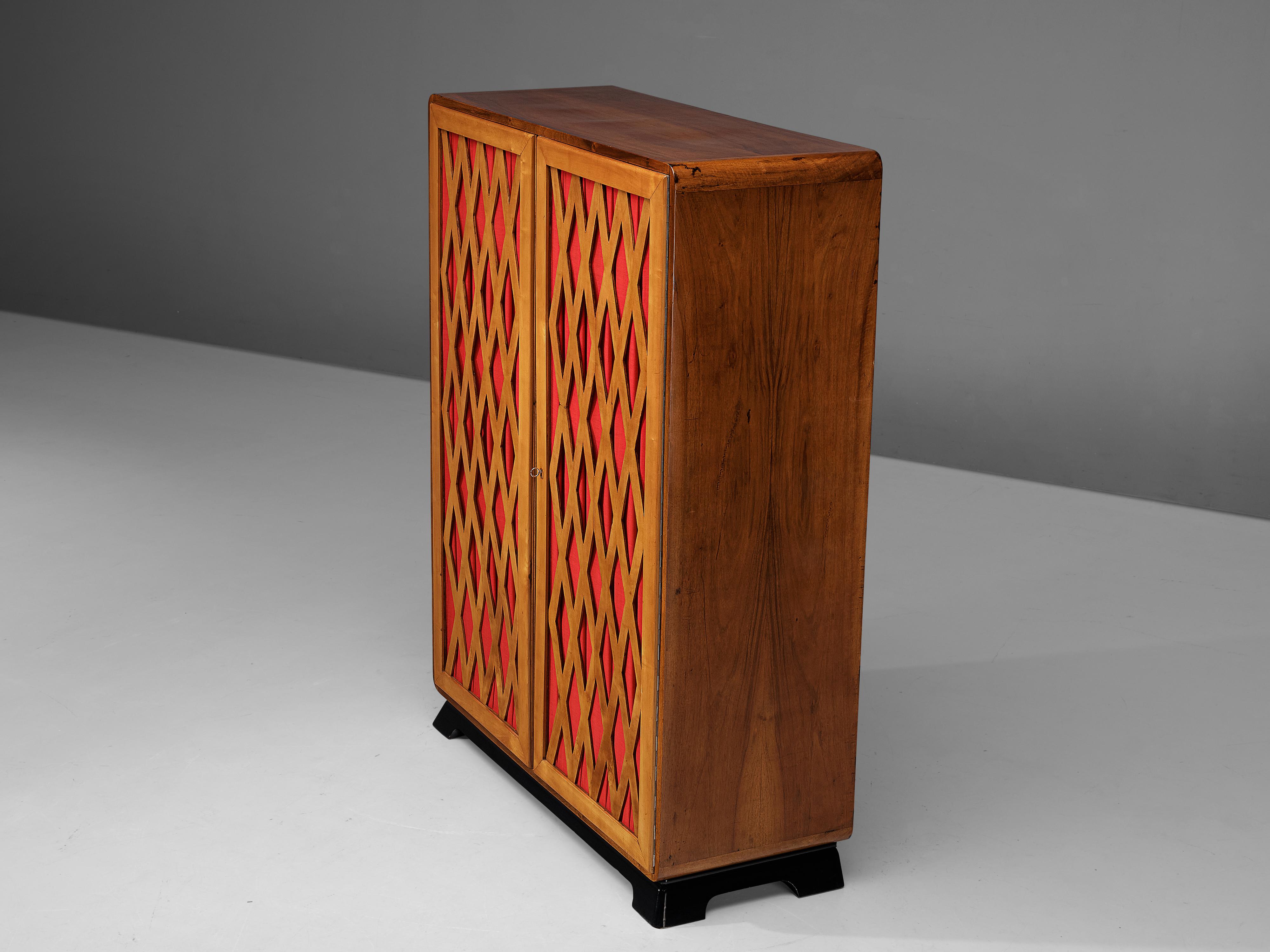 Italian Art Deco Highboard in Walnut and Red Upholstery  1