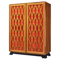 Italian Art Deco Highboard in Walnut and Red Upholstery 