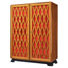 Italian Art Deco Highboard in Walnut and Red Upholstery