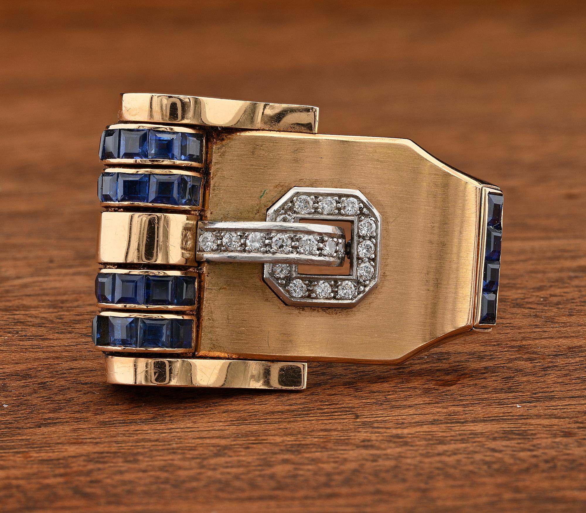 Italian Art Deco Weingrill Sapphire Diamond Clip Buckle Bangle18 KT For Sale 5
