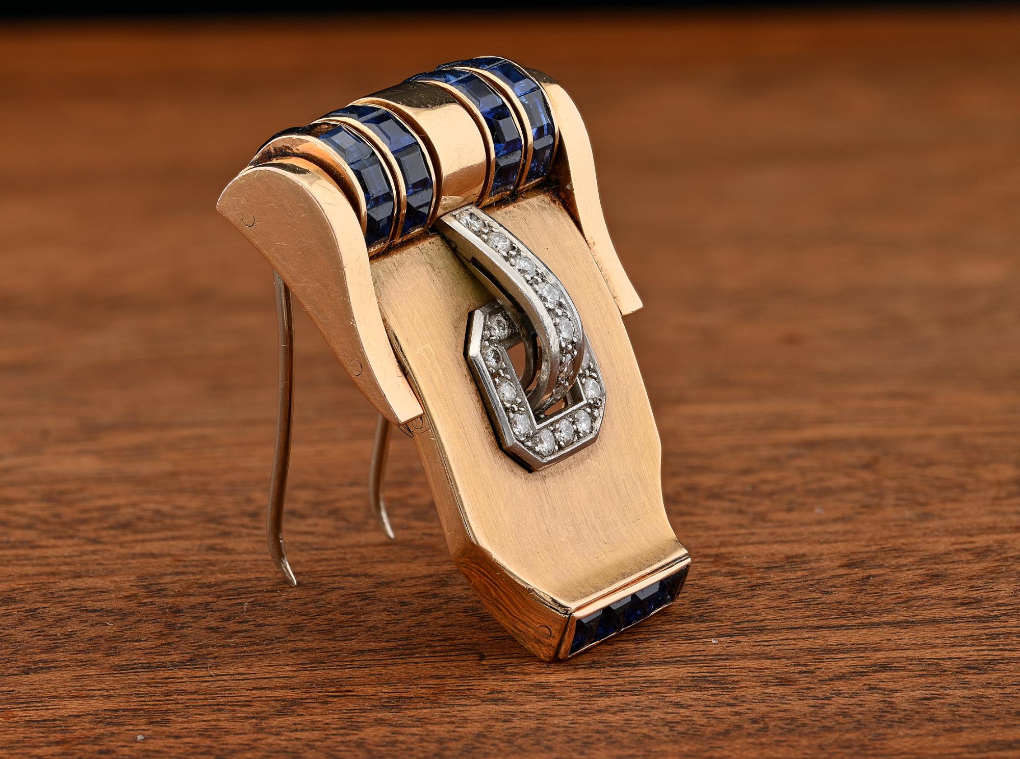 Italian Art Deco Weingrill Sapphire Diamond Clip Buckle Bangle18 KT For Sale 6