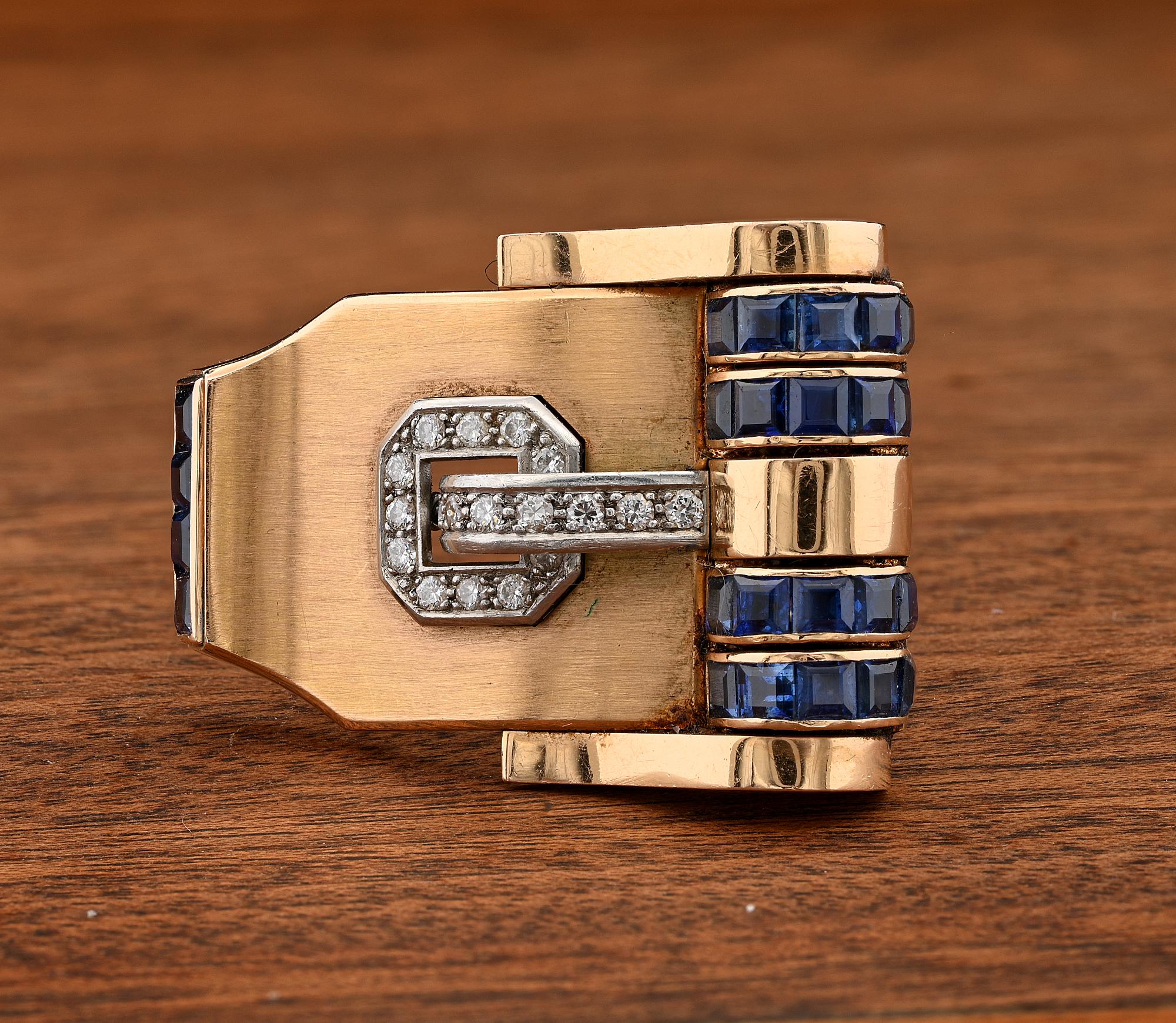 Italian Art Deco Weingrill Sapphire Diamond Clip Buckle Bangle18 KT For Sale 7