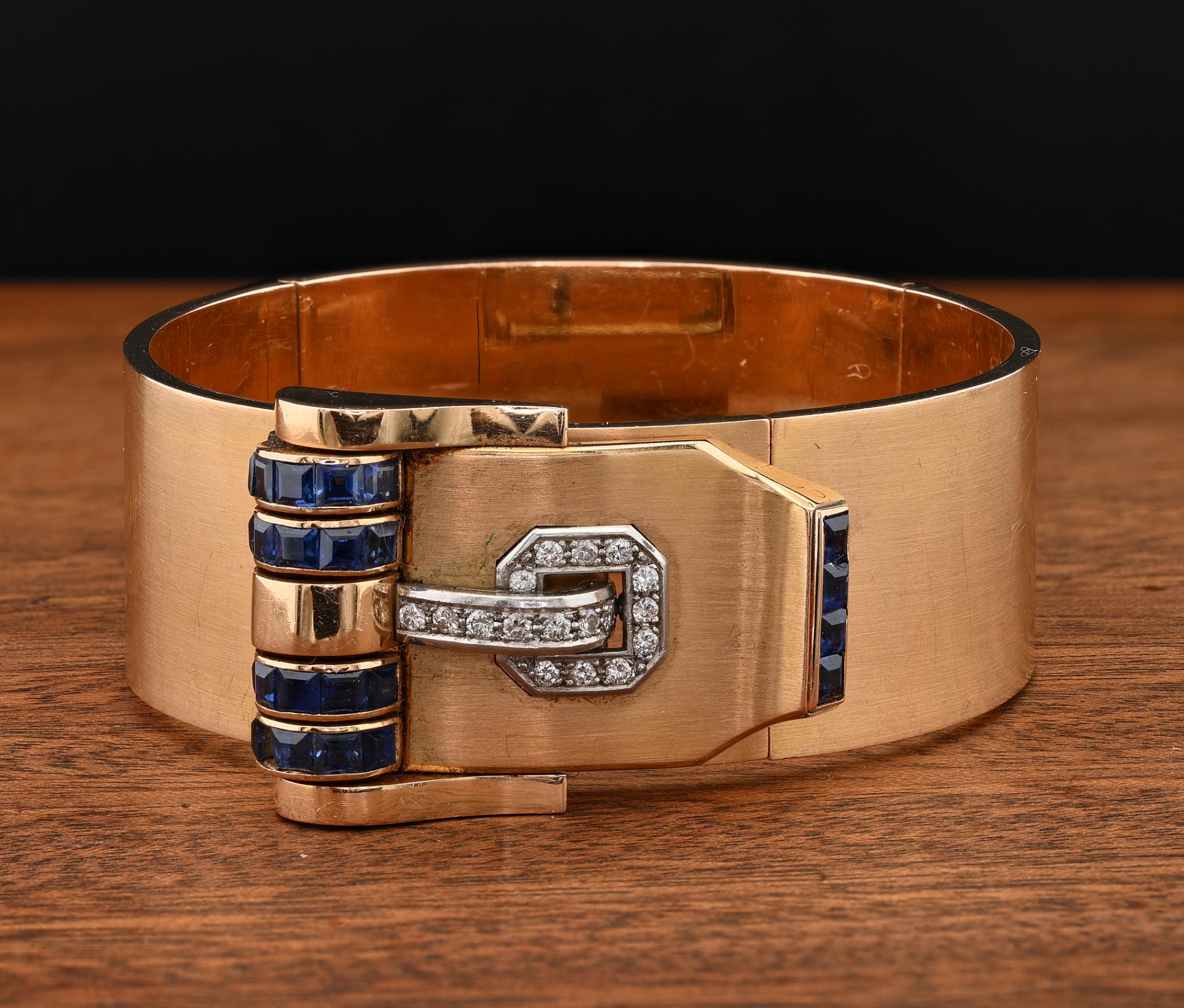 Square Cut Italian Art Deco Weingrill Sapphire Diamond Clip Buckle Bangle18 KT For Sale