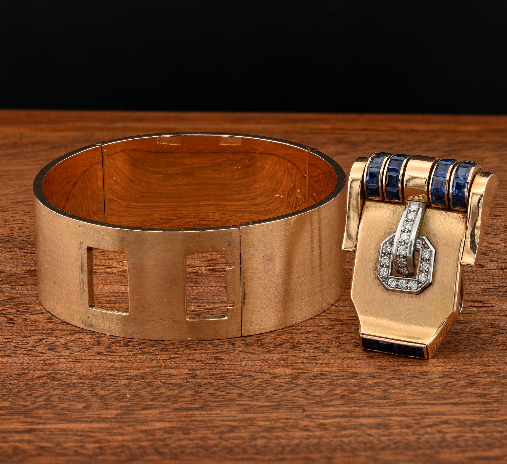 Italian Art Deco Weingrill Sapphire Diamond Clip Buckle Bangle18 KT For Sale 4