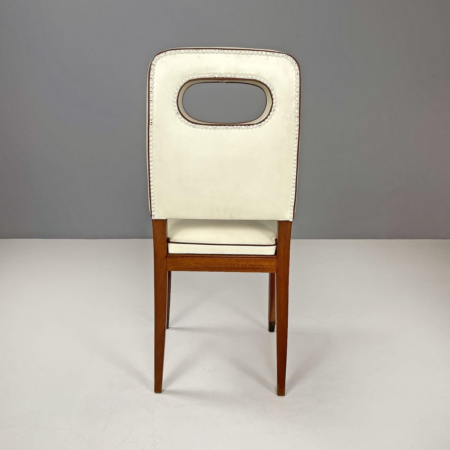 Brass Italian Art Deco white leather and wood chairs by Giovanni Gariboldi, 1940s For Sale