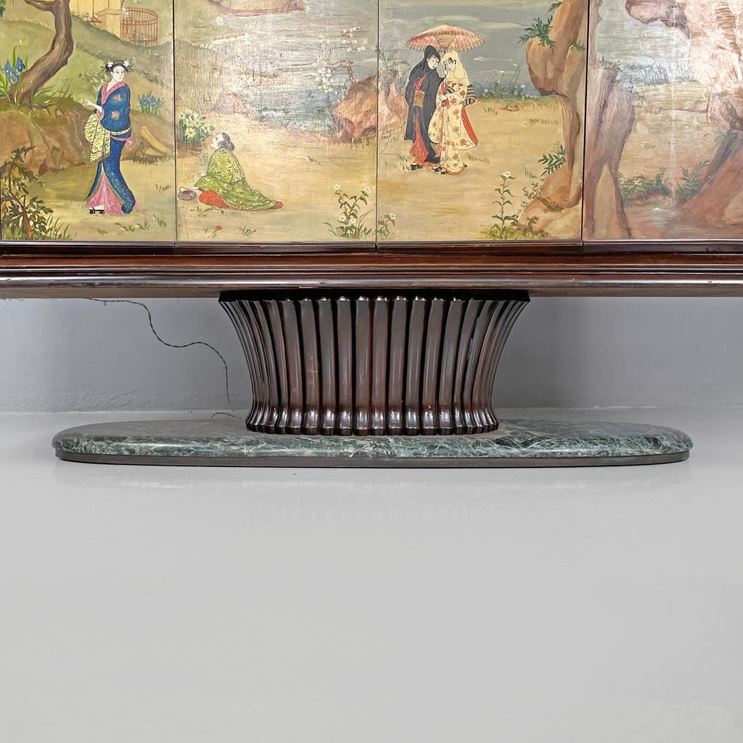 Mobile bar italiano Art Deco in legno e marmo verde Quadro in stile giapponese anni '40 in vendita 8