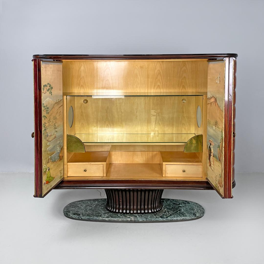 Art Déco Mobile bar italiano Art Deco in legno e marmo verde Quadro in stile giapponese anni '40 in vendita
