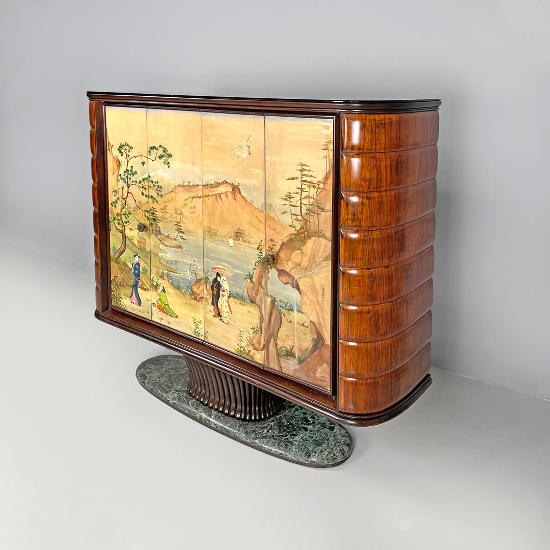 Mobile bar italiano Art Deco in legno e marmo verde Quadro in stile giapponese anni '40 In condizioni buone in vendita a MIlano, IT