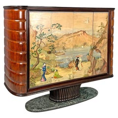 Italian Art Deco wood and green marble bar cabinet Japanese style painting 1940s
