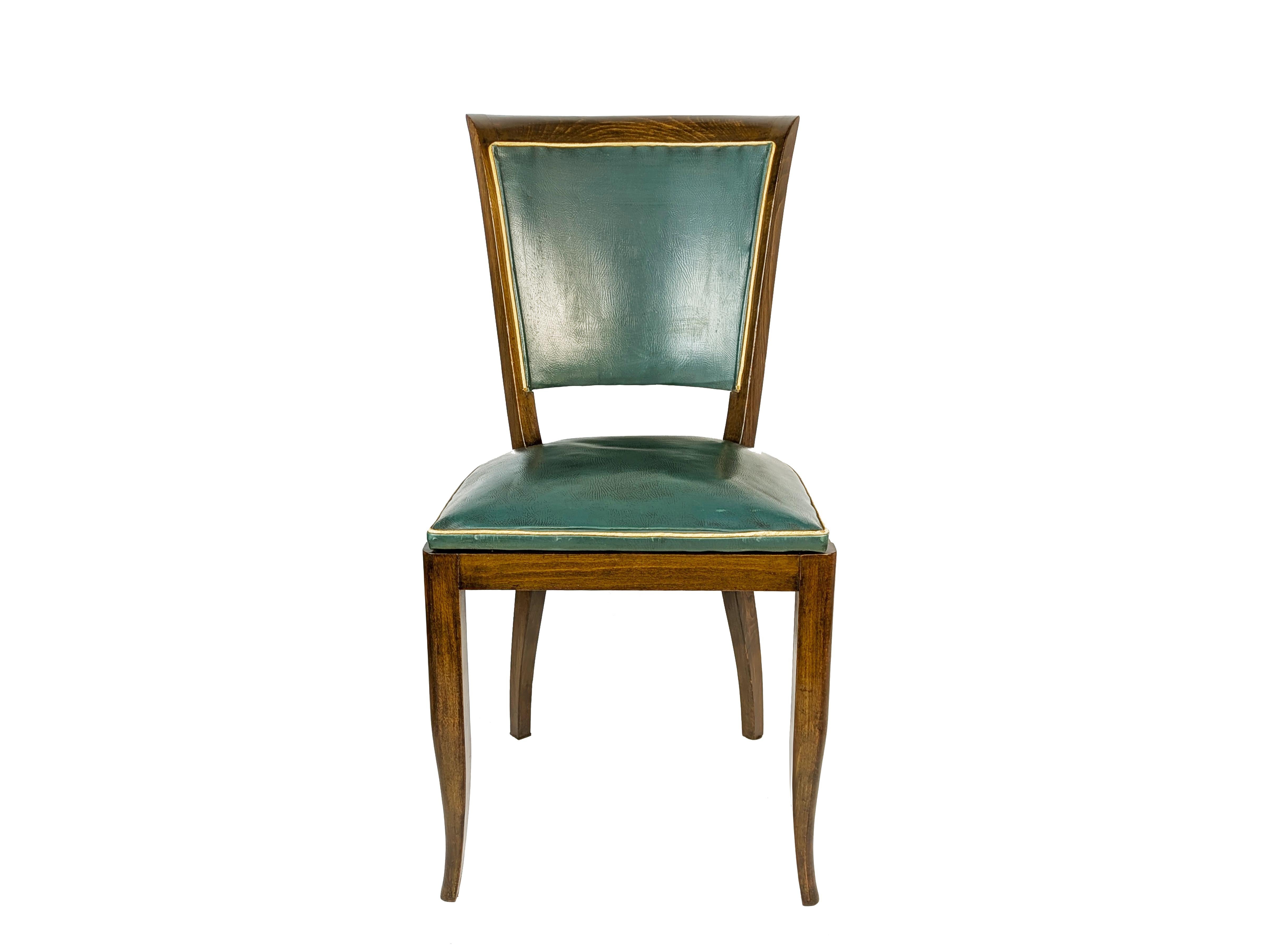Italienische Esszimmerstühle aus Holz und dunkelgrünem Skai aus den 1930er Jahren, 6-teilig (Art déco) im Angebot