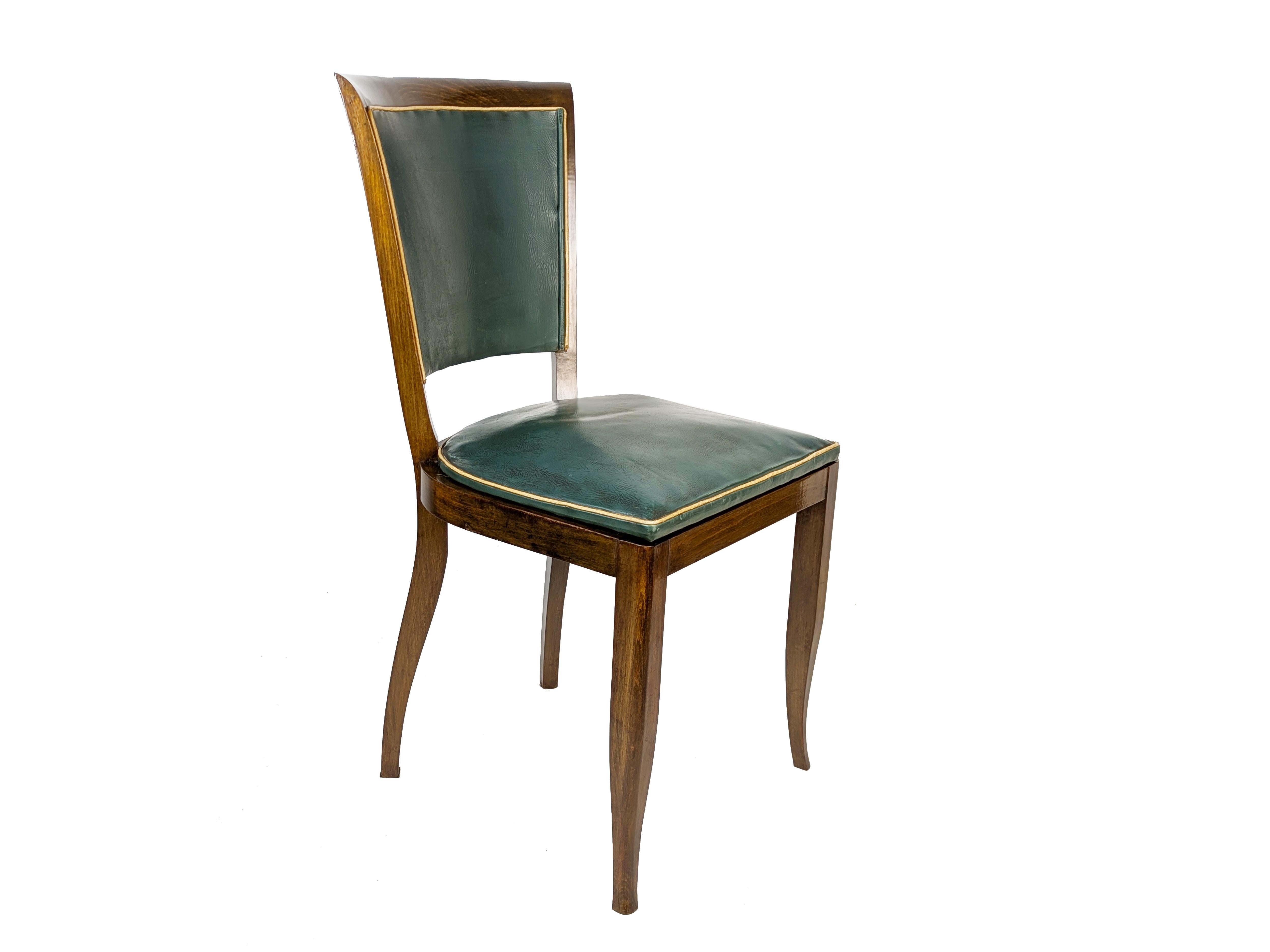 Italienische Esszimmerstühle aus Holz und dunkelgrünem Skai aus den 1930er Jahren, 6-teilig (Textil) im Angebot