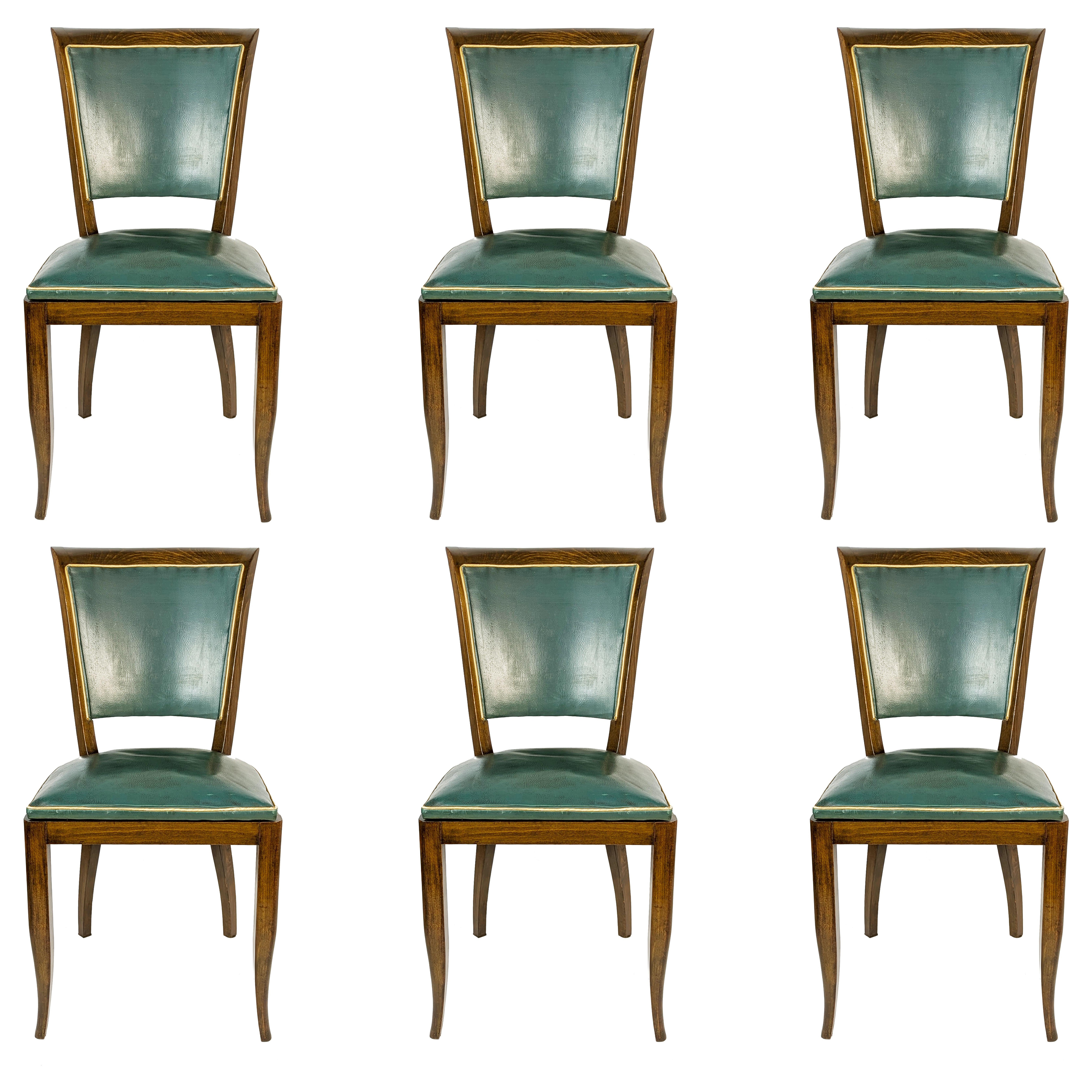 Italian art deco wood & dark green skai 1930s dining chairs, set of 6