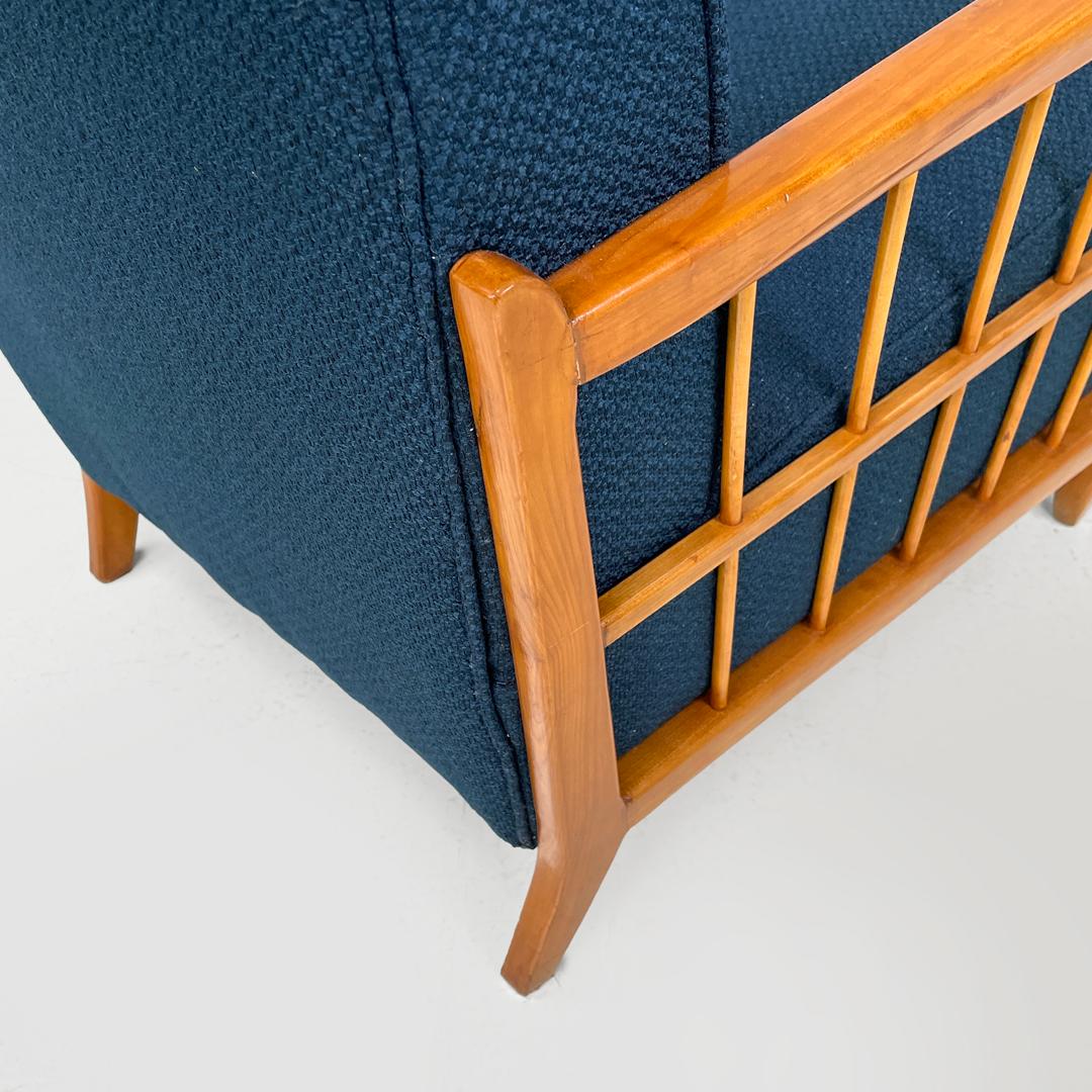 Italian Art Deco wooden armchairs in blue fabric with armrest, 1940s For Sale 13
