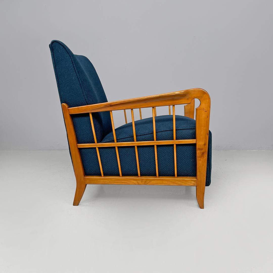 Mid-20th Century Italian Art Deco wooden armchairs in blue fabric with armrest, 1940s For Sale