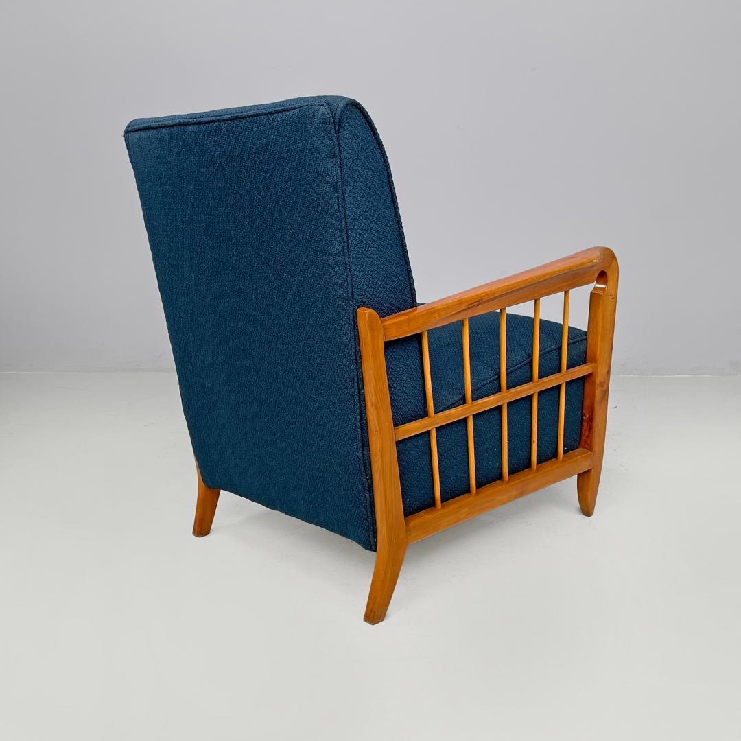 Fabric Italian Art Deco wooden armchairs in blue fabric with armrest, 1940s For Sale