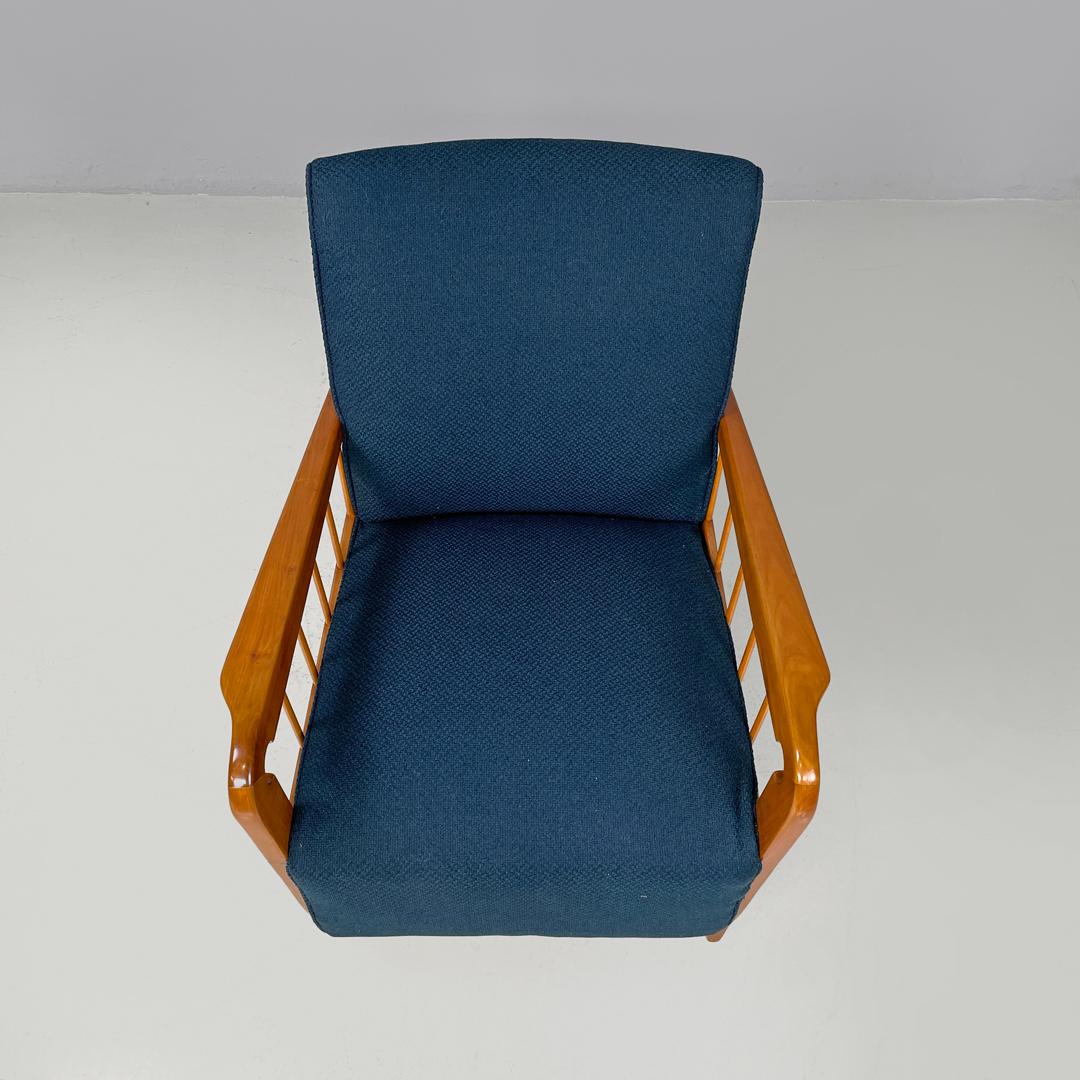 Italian Art Deco wooden armchairs in blue fabric with armrest, 1940s For Sale 2