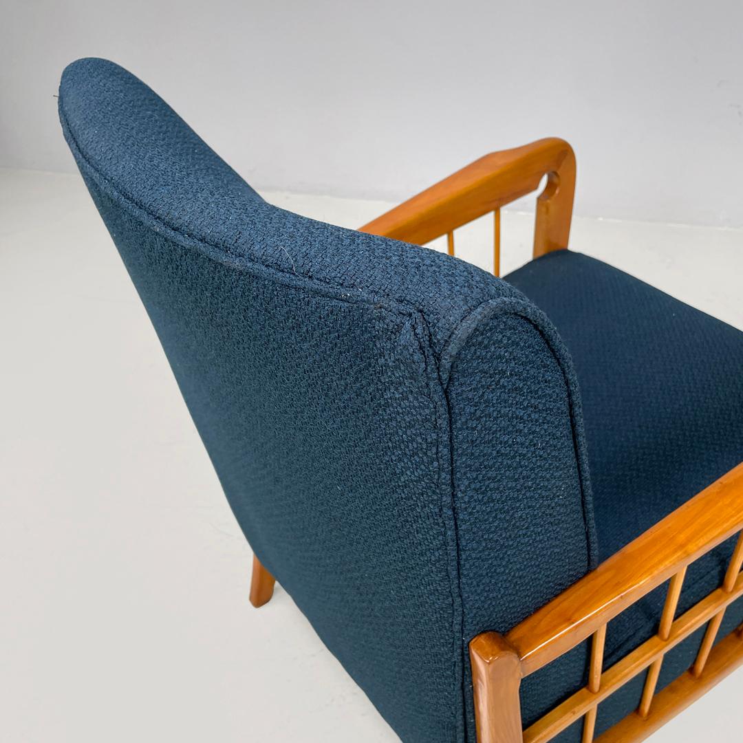 Italian Art Deco wooden armchairs in blue fabric with armrest, 1940s For Sale 4