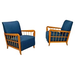 Italian Art Deco wooden armchairs in blue fabric with armrest, 1940s