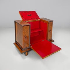 Italian Art Deco wooden bar cabinet red interior and inlay decorations, 1930s