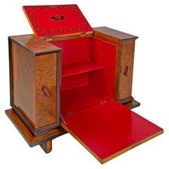 Mueble bar italiano Art Déco de madera decorado en rojo, años 30