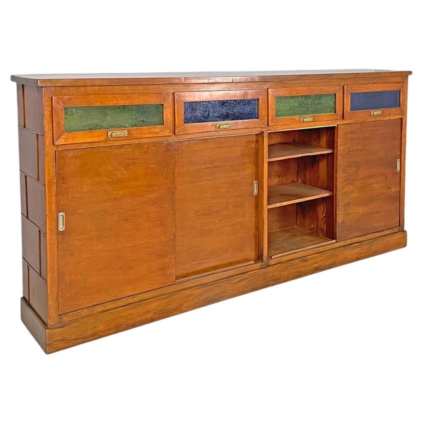Italienisches Art déco-Sideboard aus Holz im Art déco-Stil mit grüner und blauer Glasmalerei, 1930er Jahre