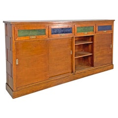 Italian Art Deco wooden sideboard with green and blue stained glass, 1930s