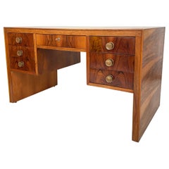 Italian Art Deco Writing Desk in Brown Walnut, Linoleum and Brass, circa 1930