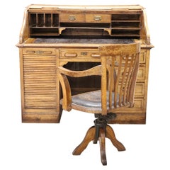 Vintage Italian Art Deco Writing Desk with Chair in Oak with Handmade Sliding Shutter