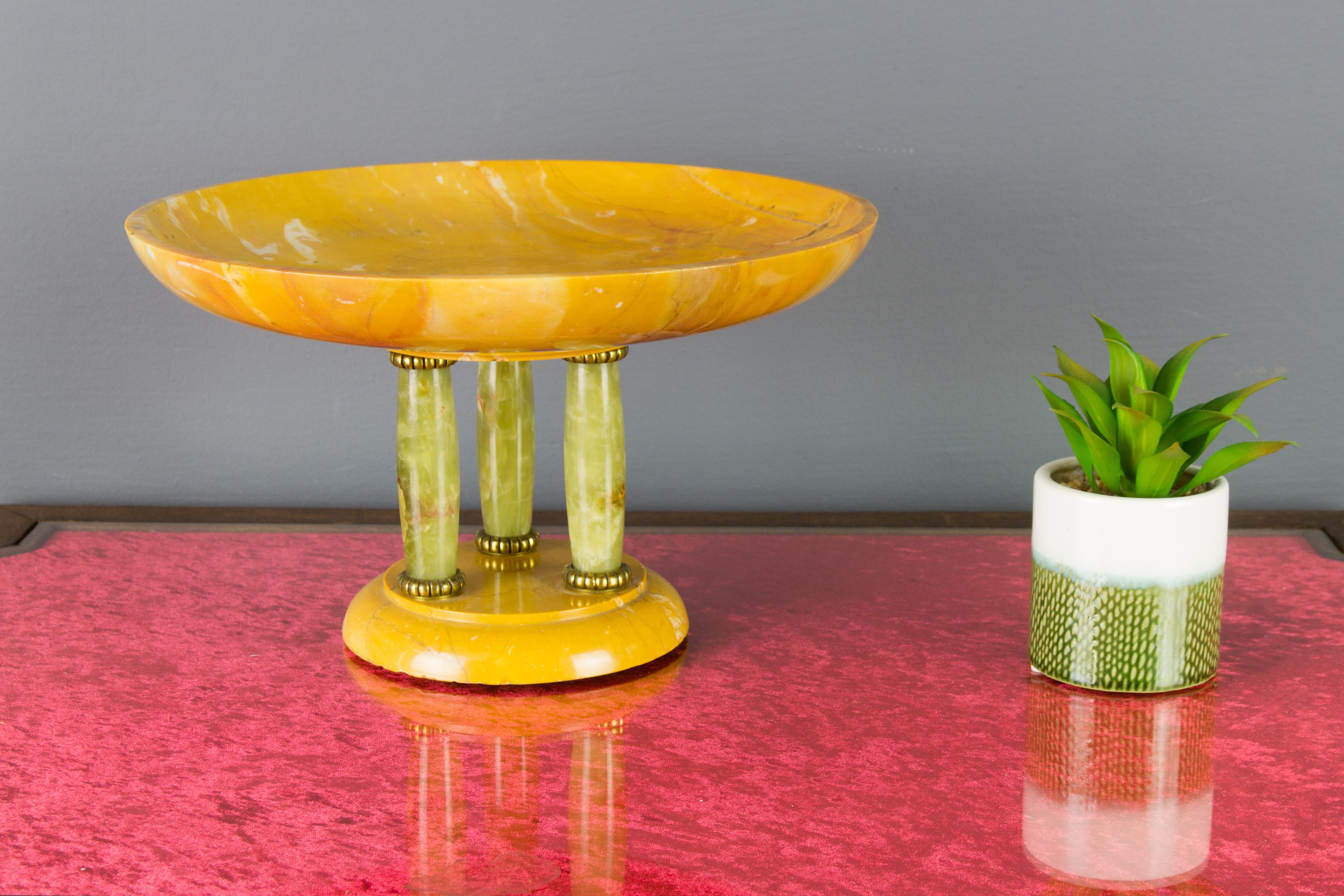 Brass Italian Art Deco Yellow Alabaster and Green Onyx Centerpiece, 1930s