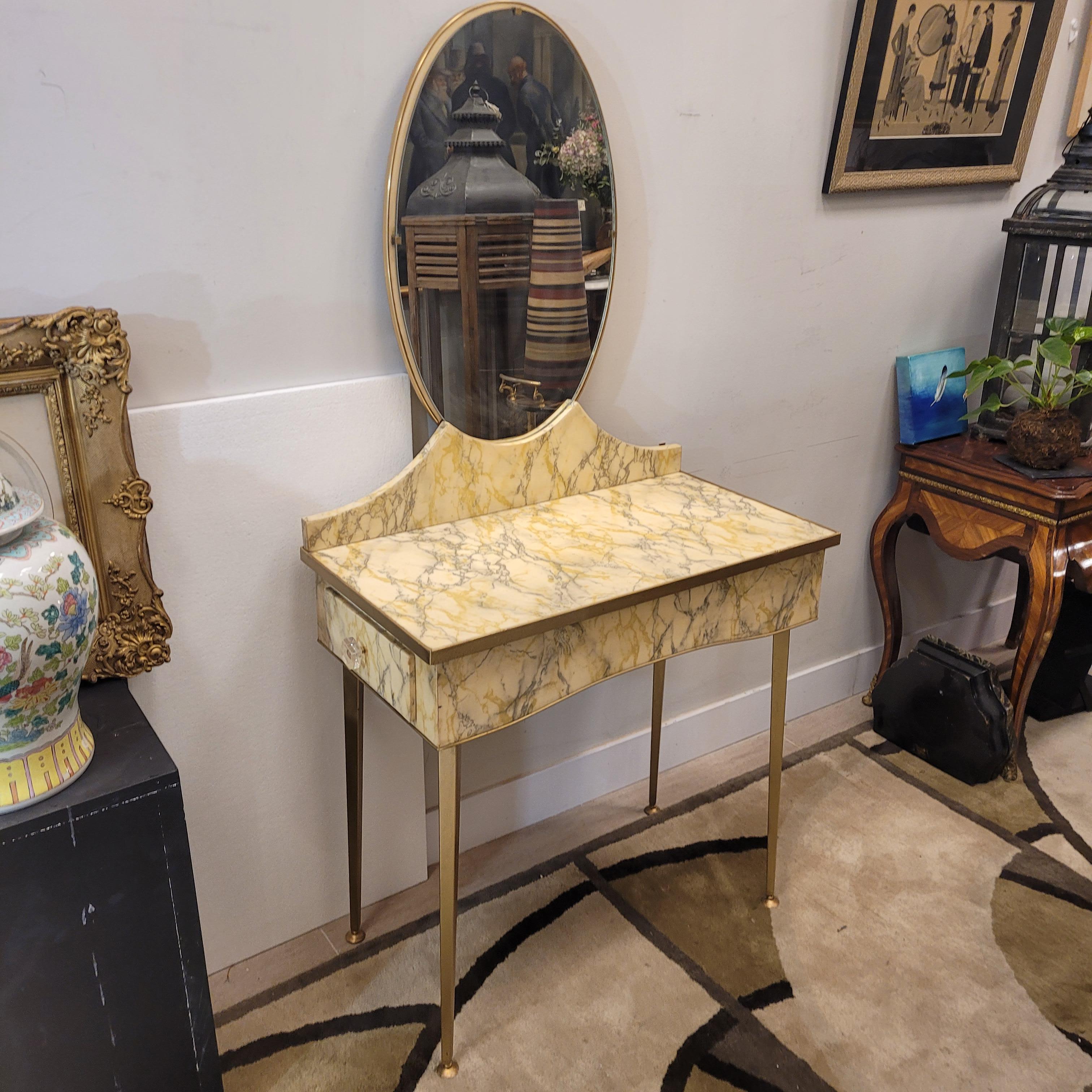 Tavolo da toilette italiano art déco giallo pergamena e grigio, Coiffeuse in vendita 4