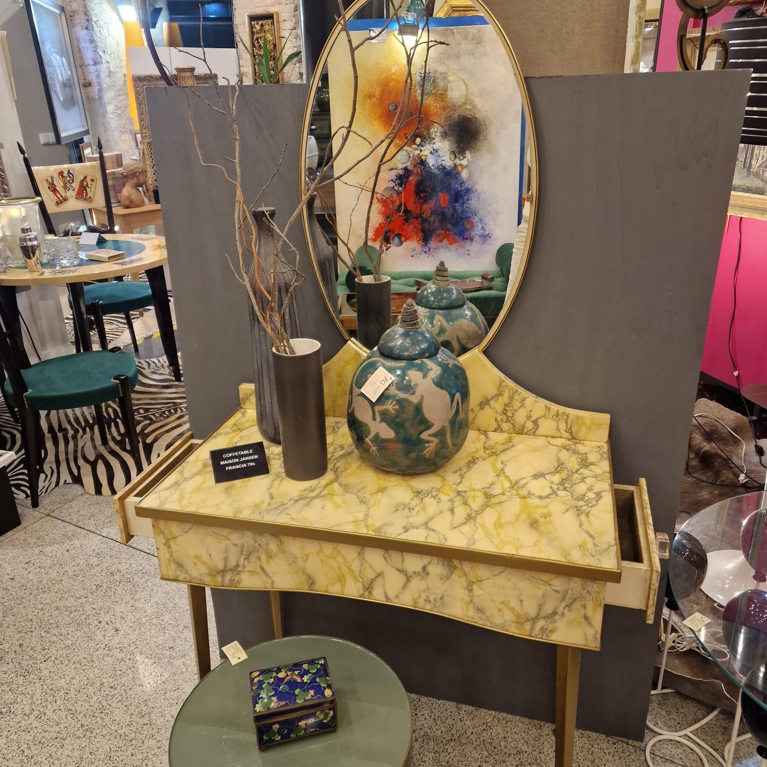 Tavolo da toilette italiano art déco giallo pergamena e grigio, Coiffeuse in vendita 11
