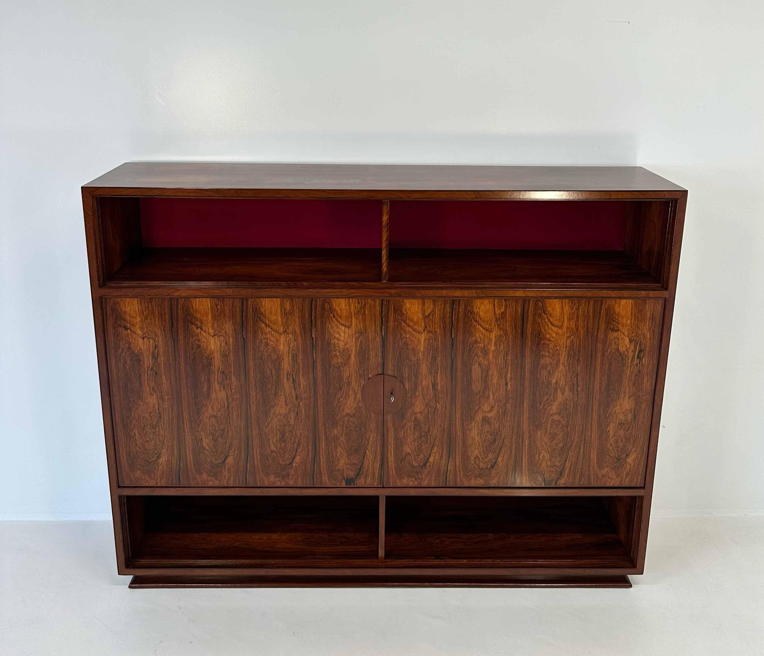 Mid-20th Century Italian Art Deco Ziricote Wood and Velvet Sideboard Cabinet attr. Borsani, 1950s For Sale