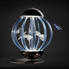Italienische Kunst Design Tischlampe Cage Blaue Schmetterlinge Murano Glas von Multiforme
