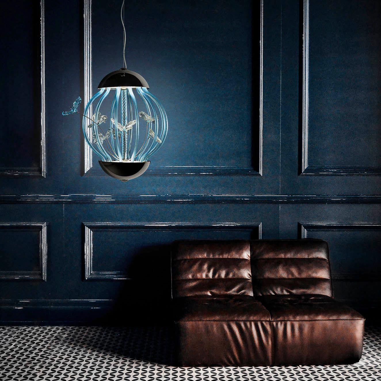 XXI secolo e contemporaneo Lampada da tavolo di design italiano Cage Blue butterflies Murano Glass di Multiforme in vendita