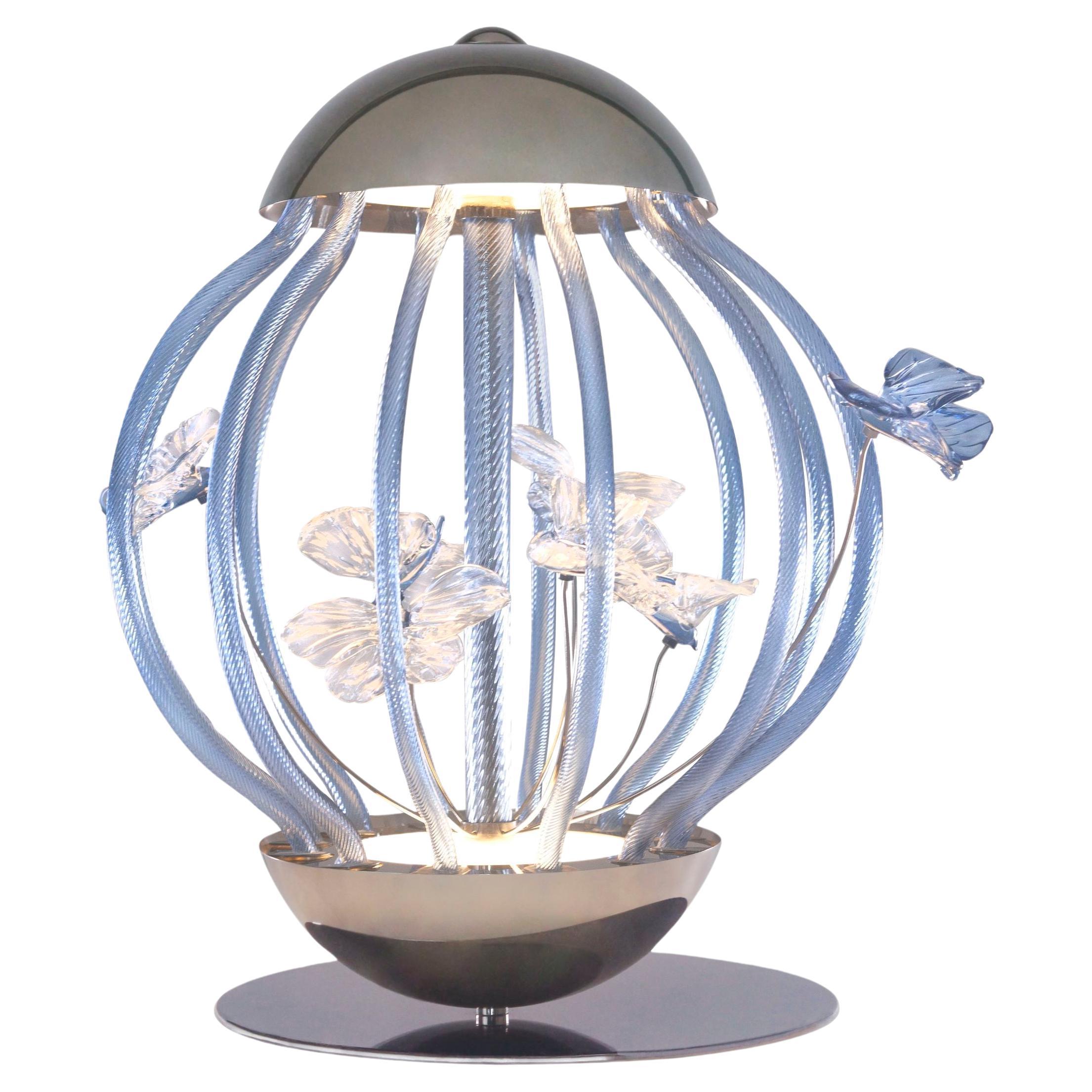 Italian art design table lamp Cage Blue butterflies Murano Glass by Multiforme