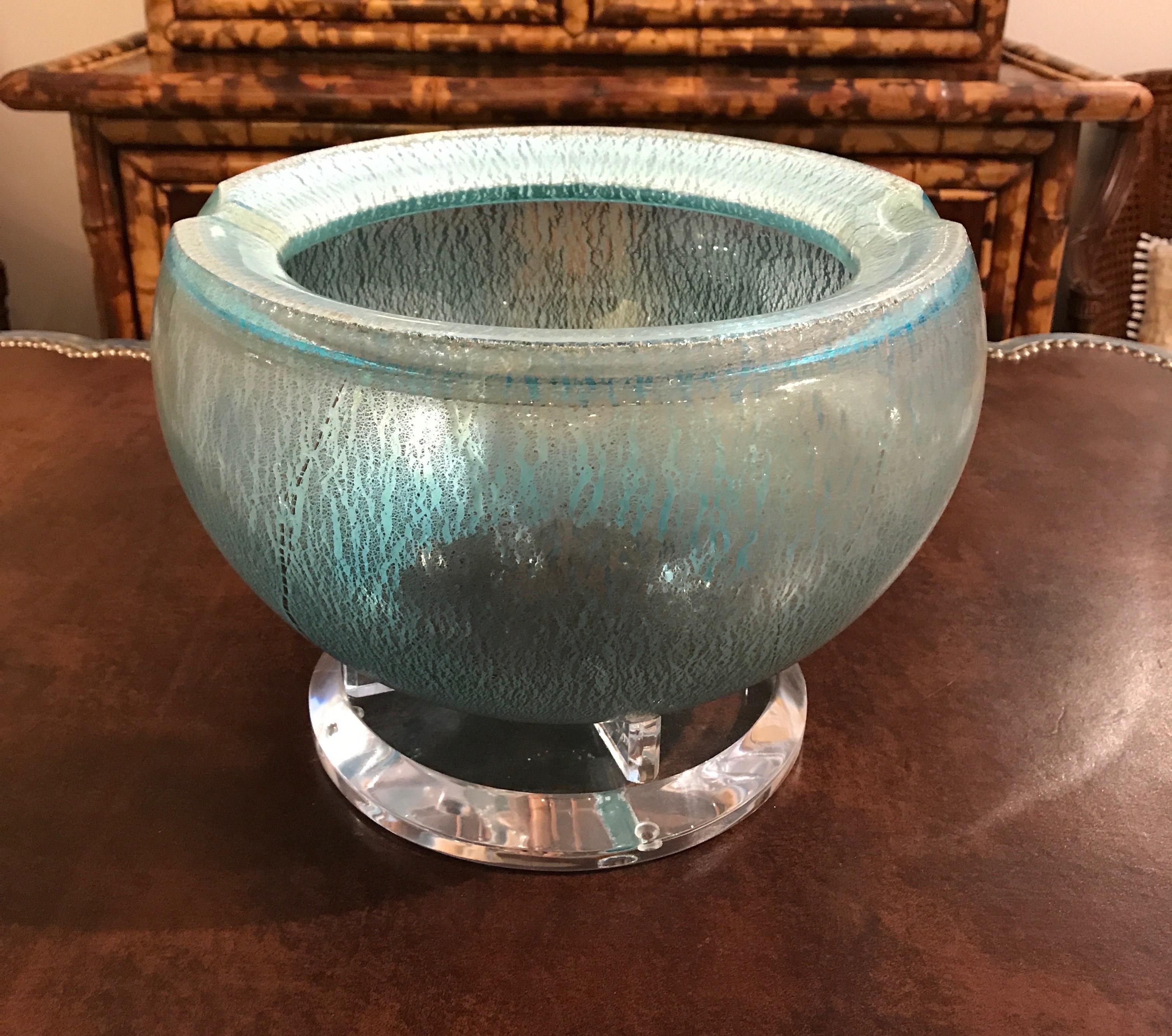 Italian blue art glass center bowl on Lucite stand.