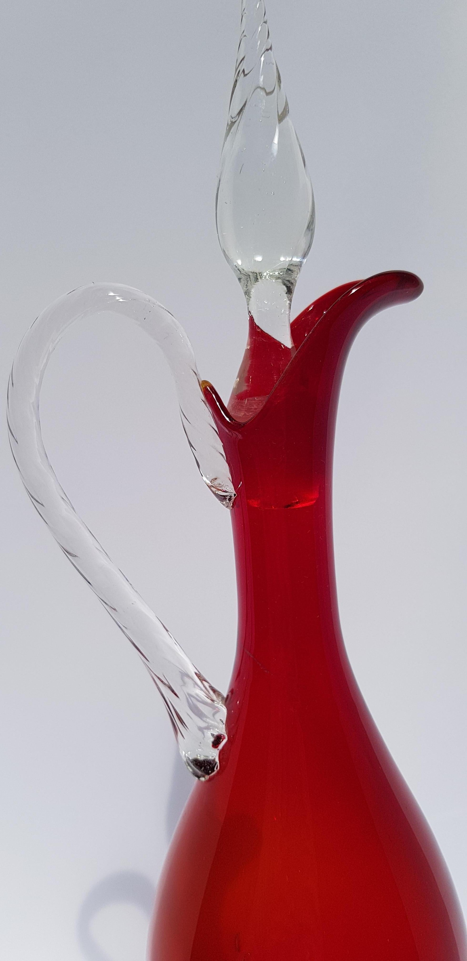 Italian Art Glass Empoli Decanter Ewer Cruet Vase Bottle w Stopper Ruby Red For Sale 5