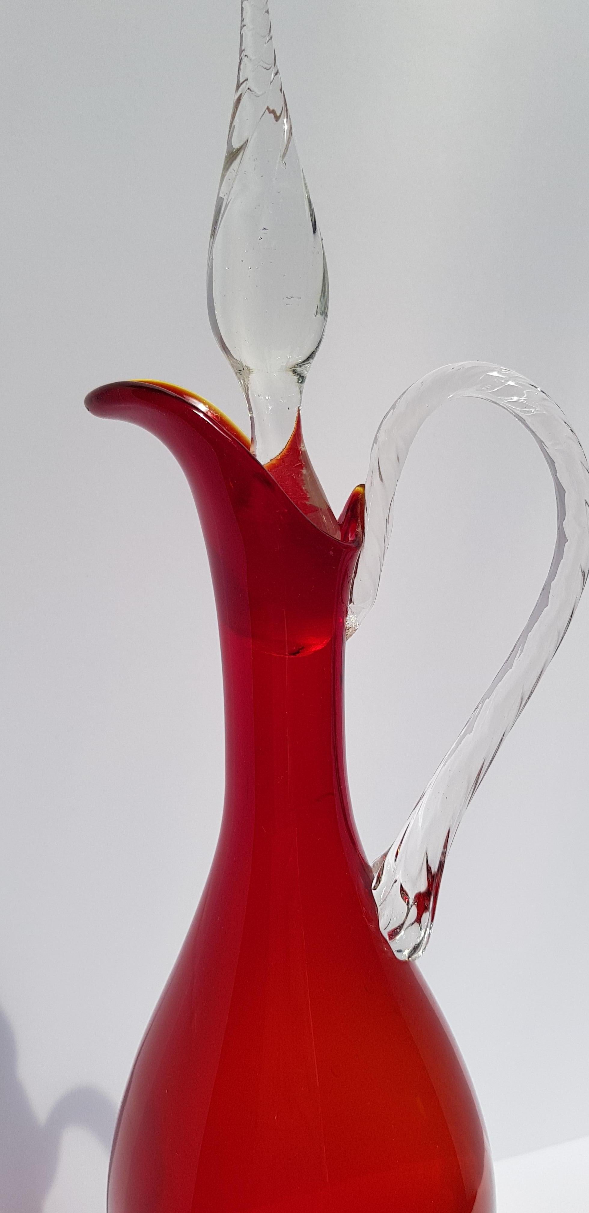 Italian Art Glass Empoli Decanter Ewer Cruet Vase Bottle w Stopper Ruby Red For Sale 6