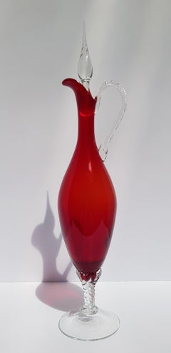 Italian Art Glass Empoli Decanter Ewer Cruet Vase Bottle w Stopper Ruby Red
