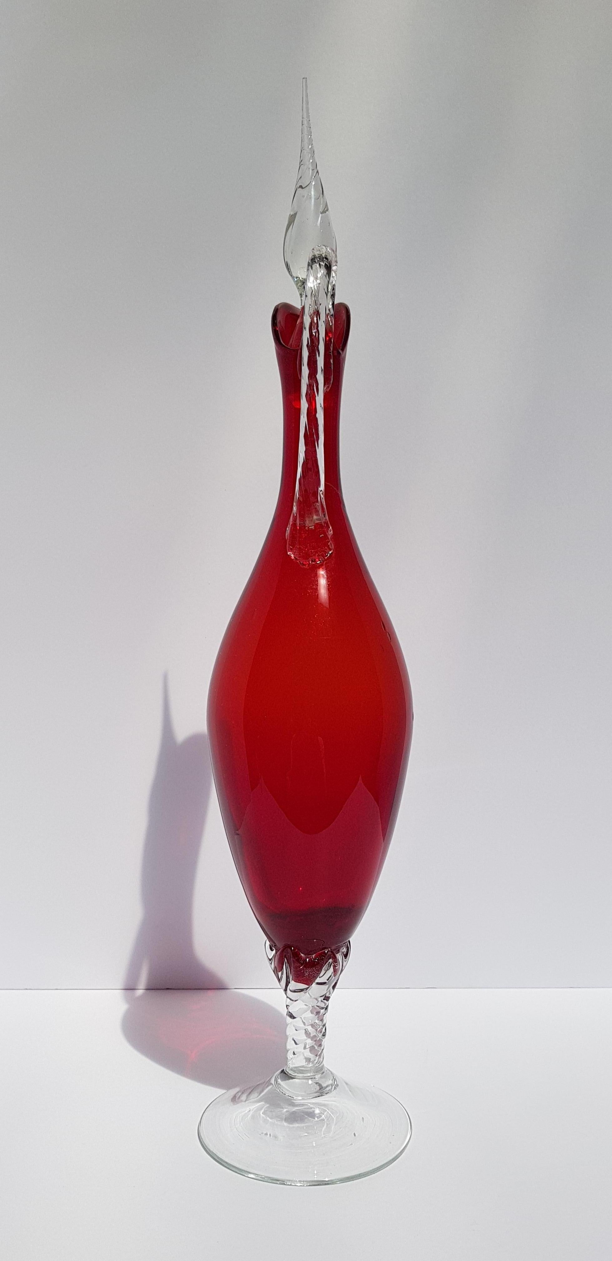 Mid-Century Modern Italian Art Glass Empoli Decanter Ewer Cruet Vase Bottle w Stopper Ruby Red For Sale