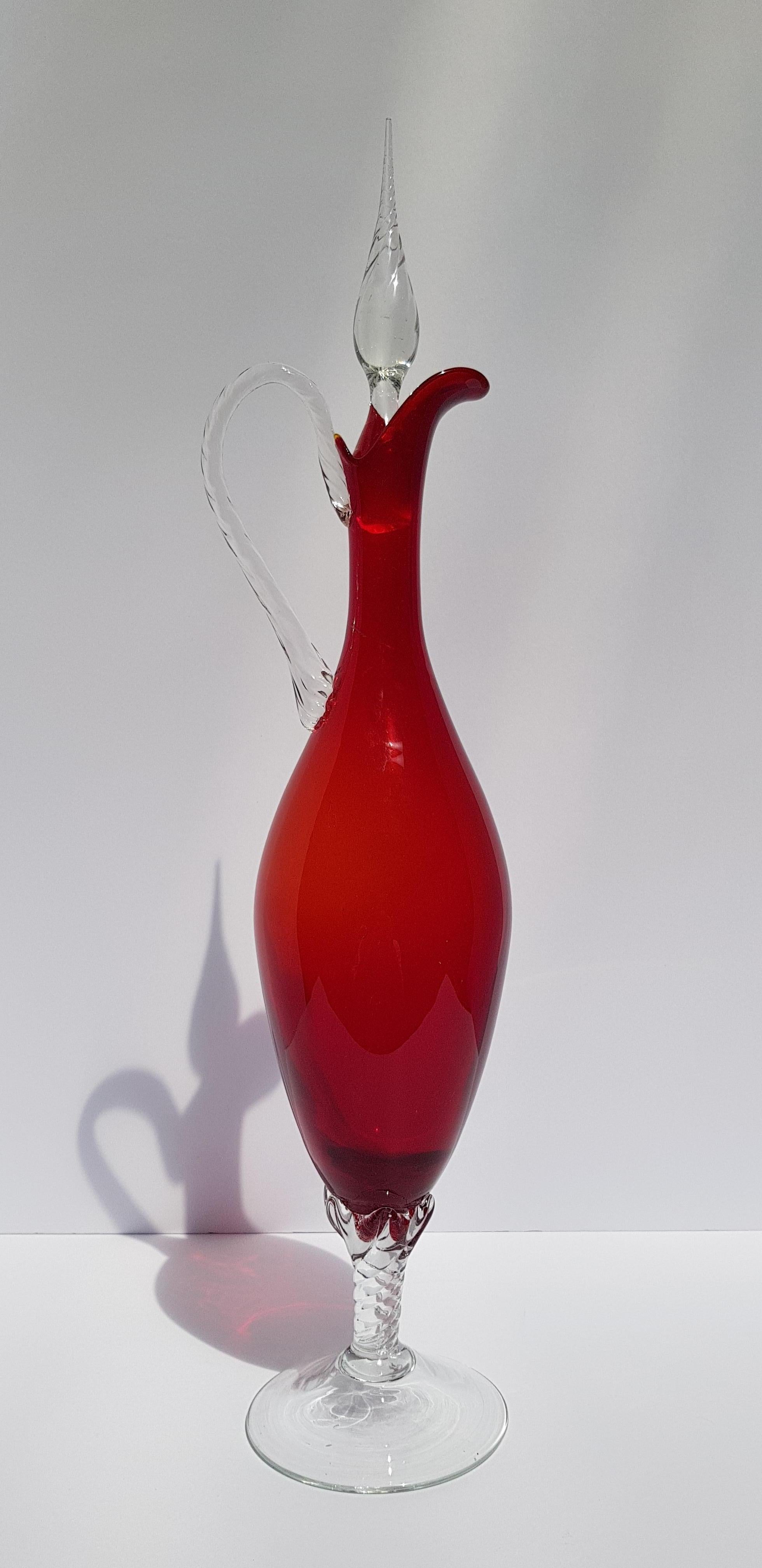 Hand-Crafted Italian Art Glass Empoli Decanter Ewer Cruet Vase Bottle w Stopper Ruby Red For Sale