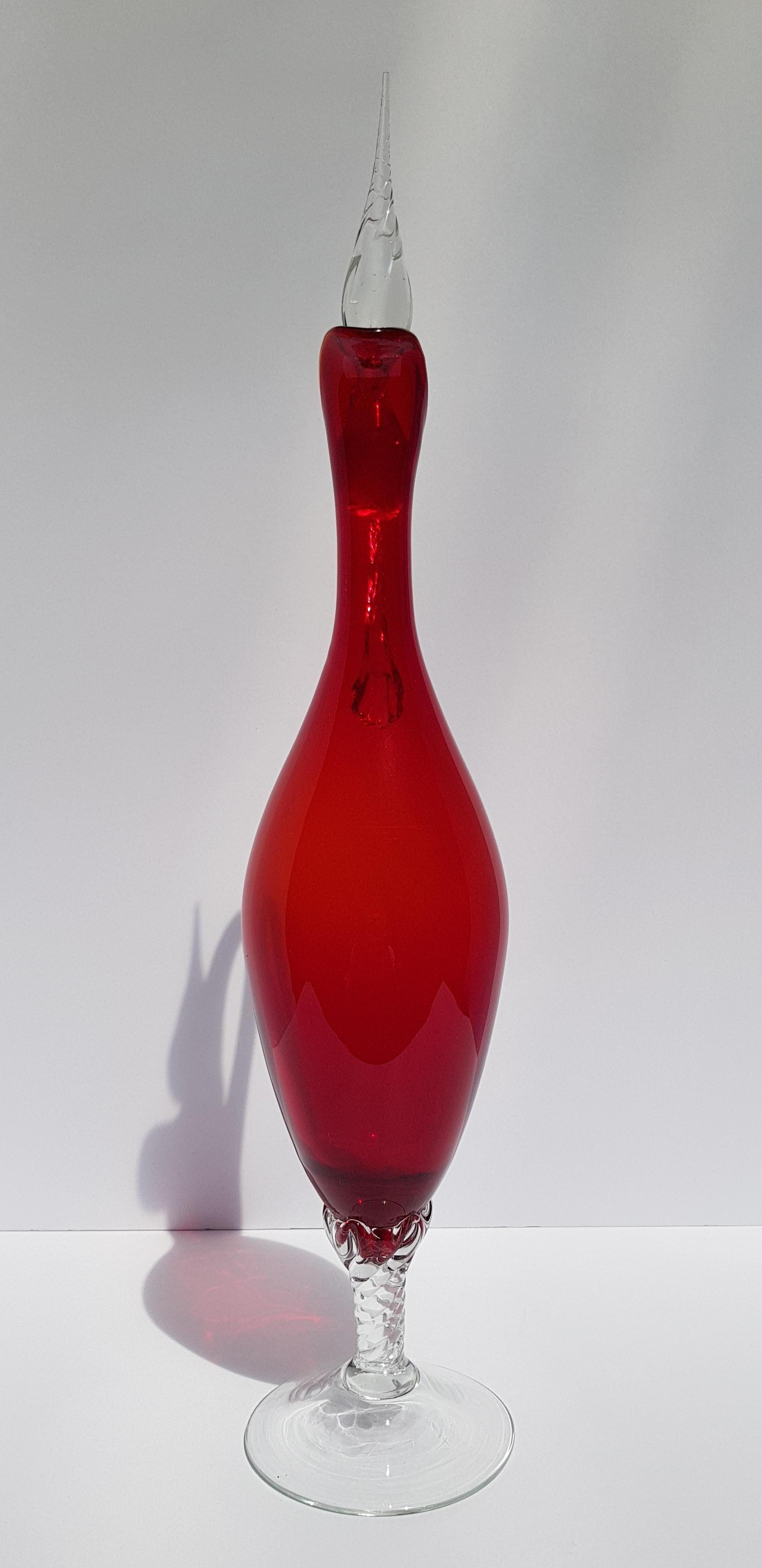 Italian Art Glass Empoli Decanter Ewer Cruet Vase Bottle w Stopper Ruby Red In Good Condition For Sale In Palm Beach, FL