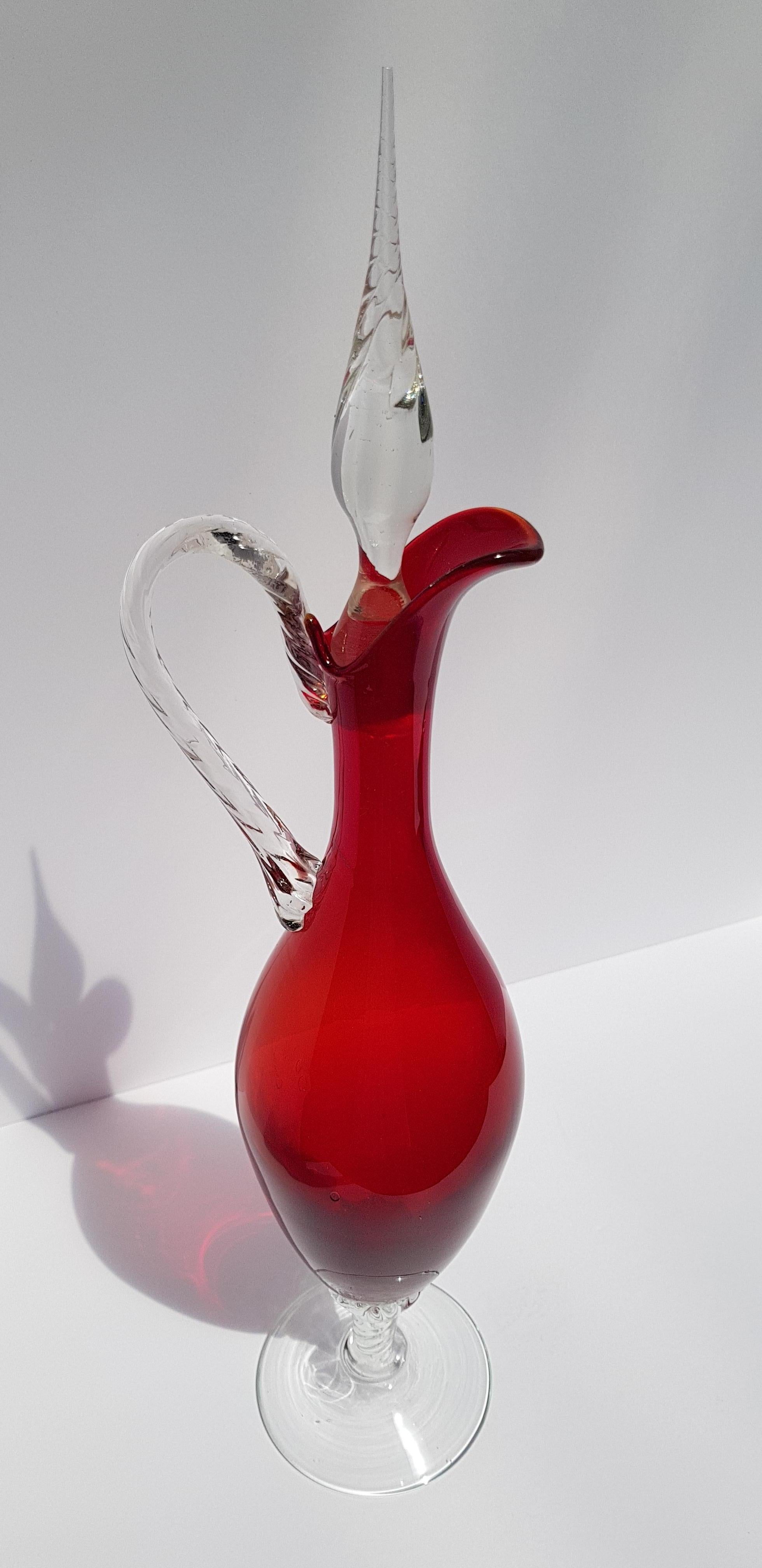 20th Century Italian Art Glass Empoli Decanter Ewer Cruet Vase Bottle w Stopper Ruby Red For Sale