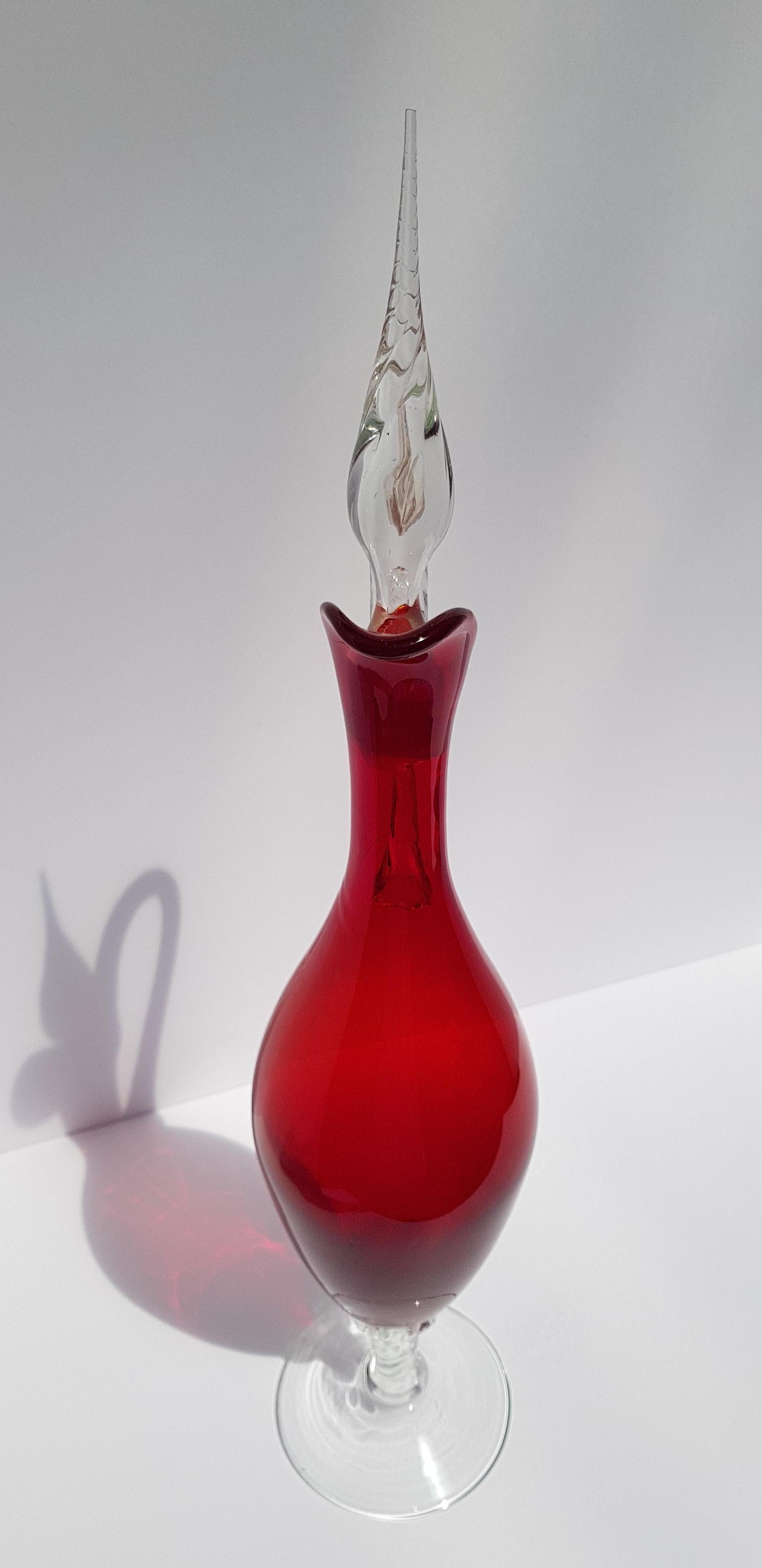 Italian Art Glass Empoli Decanter Ewer Cruet Vase Bottle w Stopper Ruby Red For Sale 1